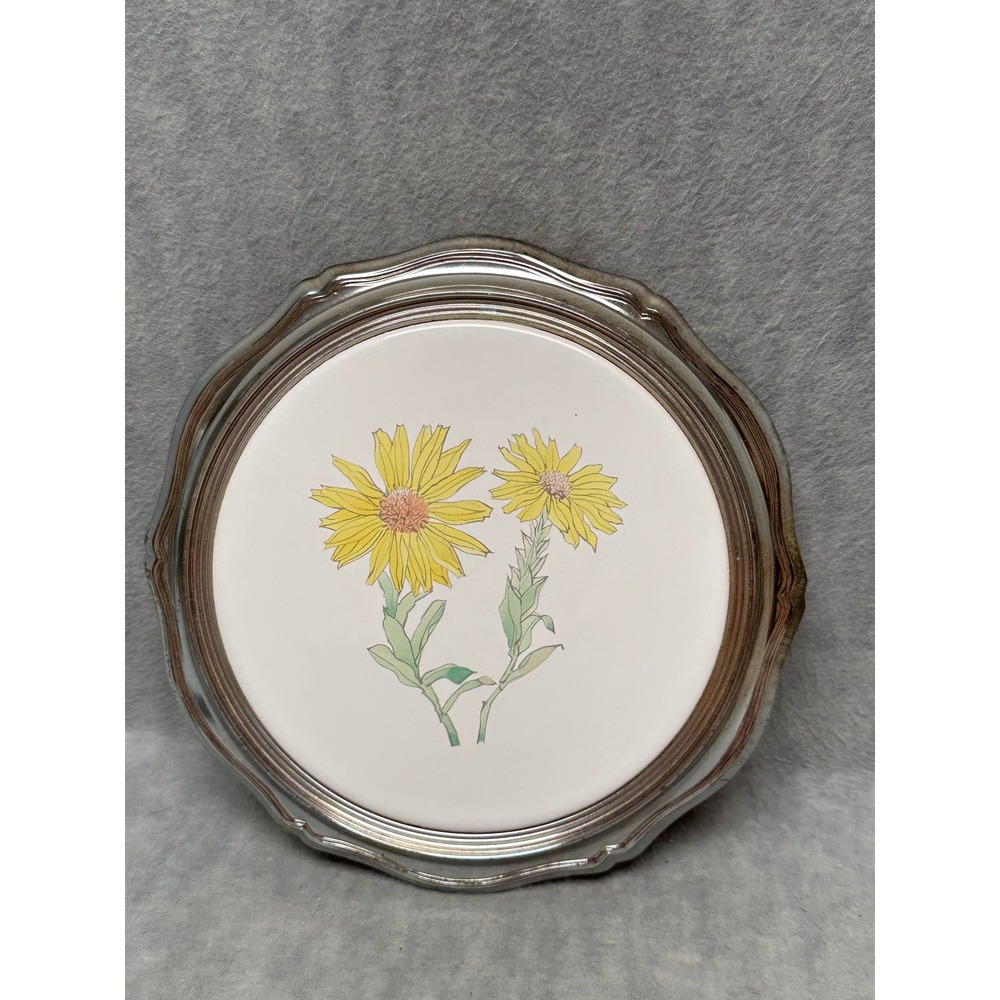 VTG Trivet Silver‎ Plated Ceramic Tile Yellow Wildflower Floral Japan 7.75"